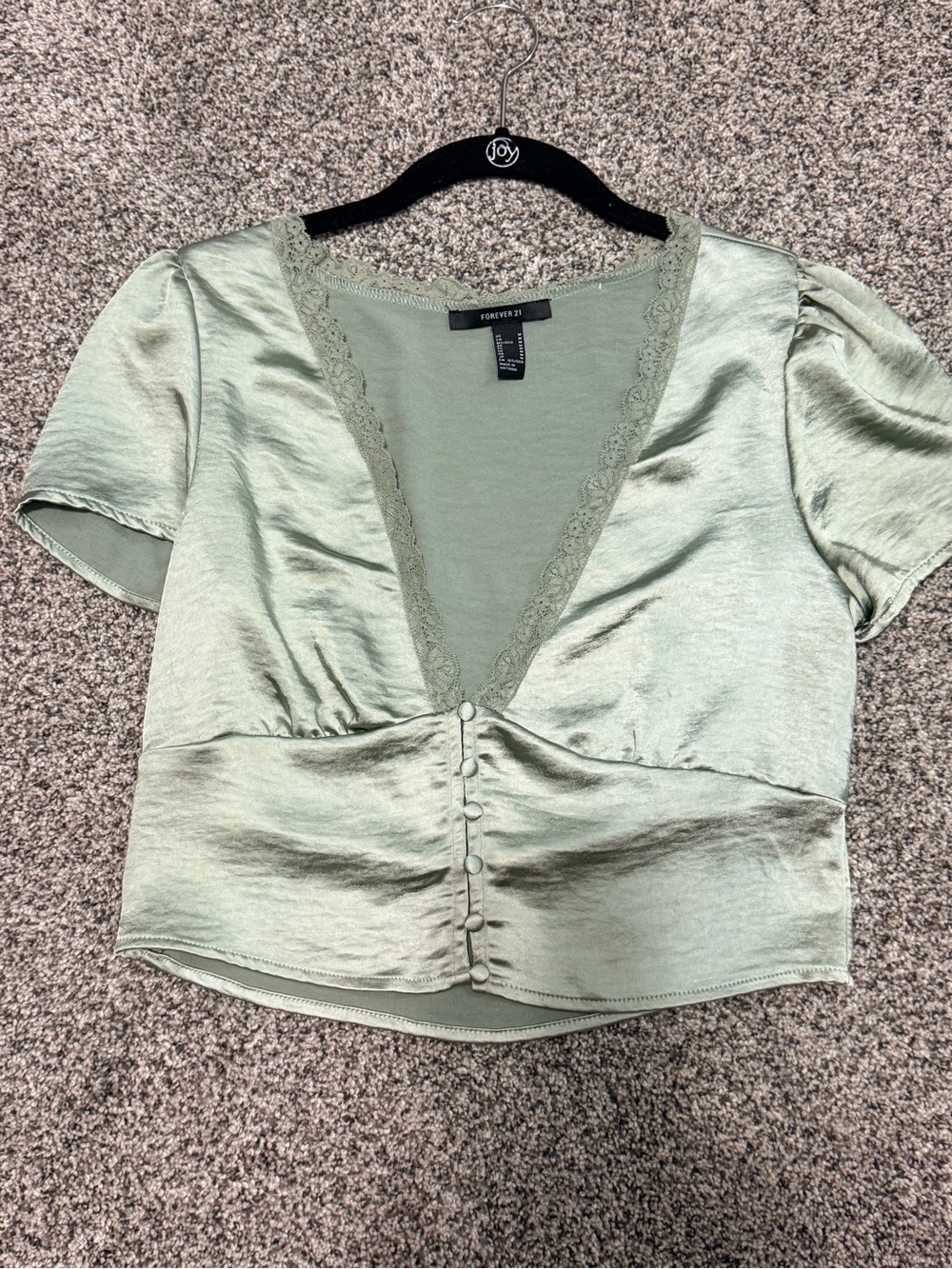 Forever 21 Sage Green Satin Lace-Trim V-Neck Button-Front Crop Top